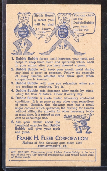 1940's/1950's Frank H. Fleer Dubble Bubble Redemption Trade Card