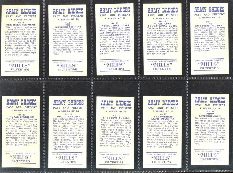 1960 Mill's Army Badges Past and Present Complete Set of (25) Cards