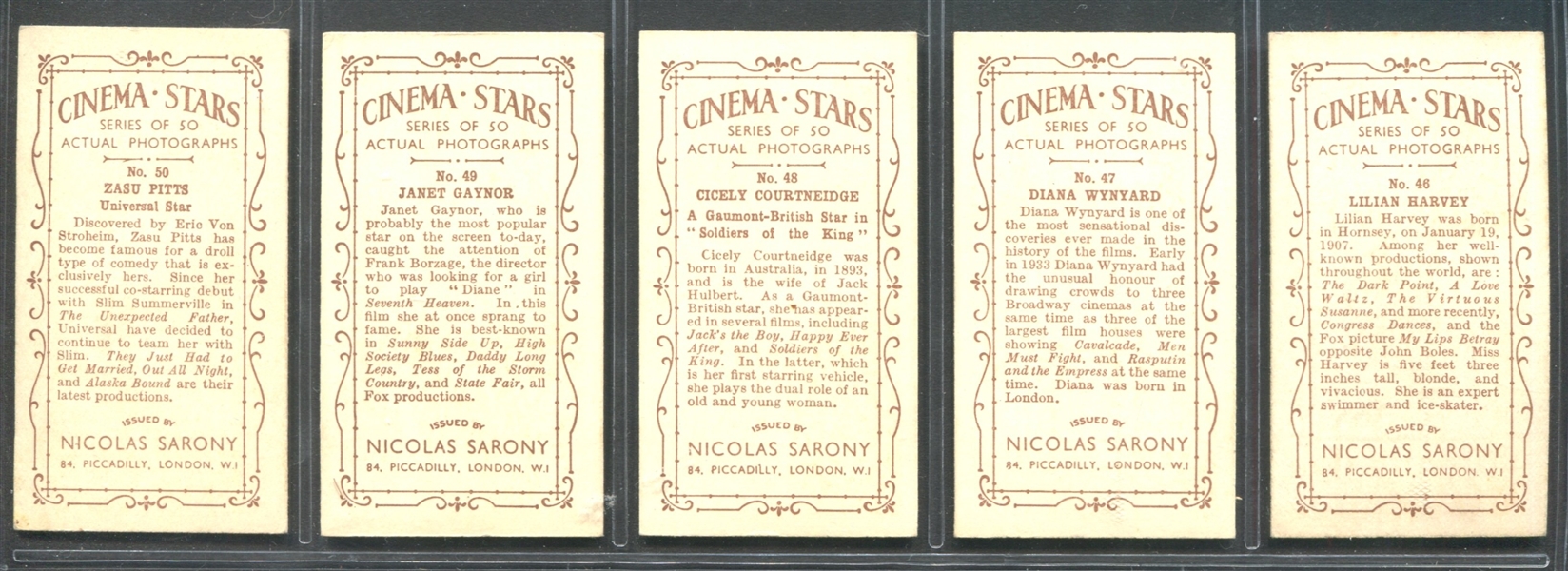 1933 Nicolas Sarony Cinema Stars Complete Set of (50) Cards