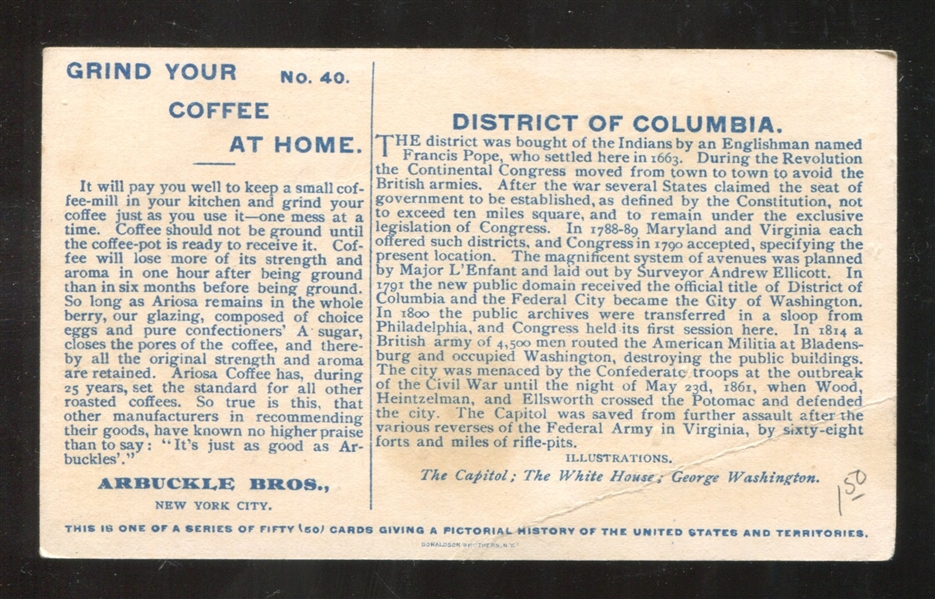 K5 Arbuckle Coffee Pictorial History of U.S. #40 District of Columbia (George Washington Pictured)