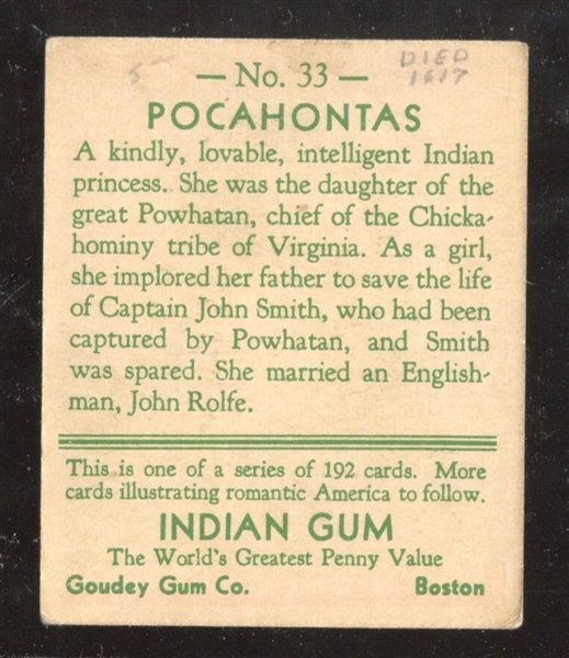 R73 Goudey Indian Gum #33 Pocahantas