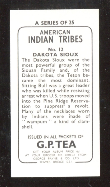 1962 G.P. Tea American Indian Tribes #12 Dakota Sioux (Pictures Sitting Bull)