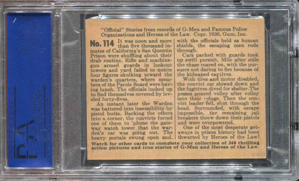 R60 Gum Inc G-Men and the Heroes of the Law #114 Swift Pursuit! PSA7 NM