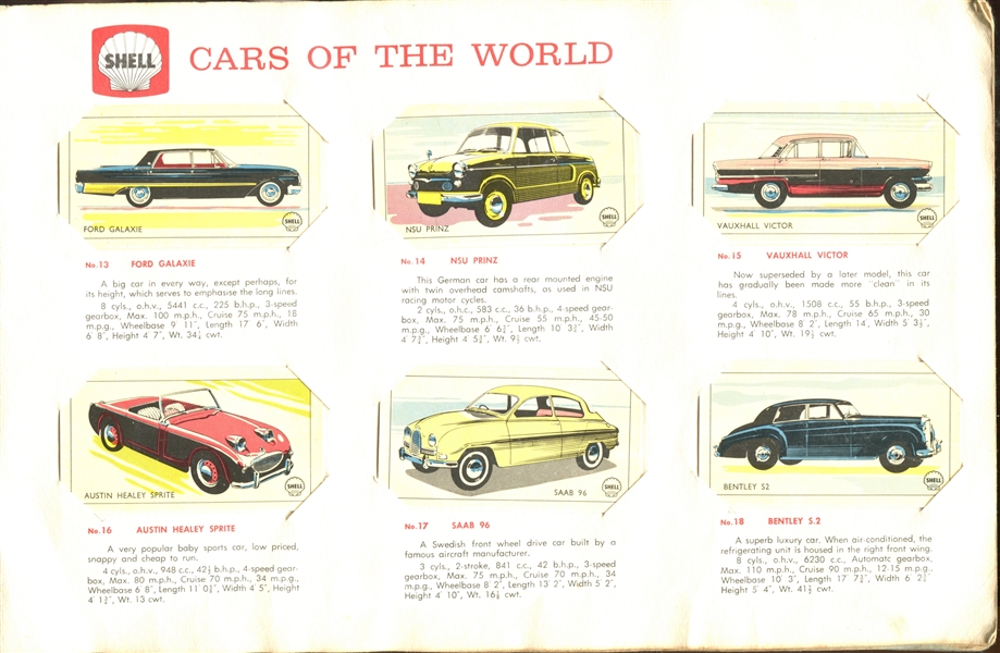 1964 Shell Oil (New Zealand) Cars of the World Set of (60) Cards in Album