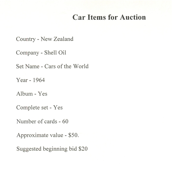 1964 Shell Oil (New Zealand) Cars of the World Set of (60) Cards in Album