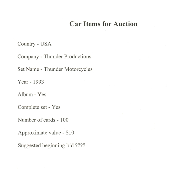 1993 Thunder Productions (USA) Thunder Motorcycles Complete Set of (100) With Window Cling