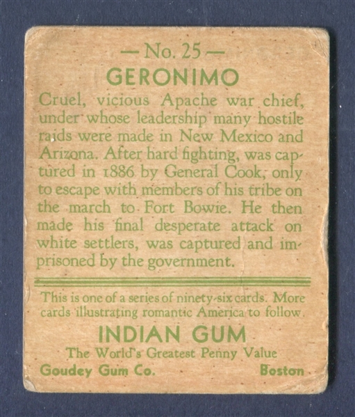 R73 Goudey Indian Gum #25 Geronimo (Series of 96) Type Card