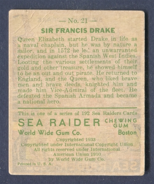 R124 World Wide Gum Sea Raiders #21 Sir Francis Drake Type Card